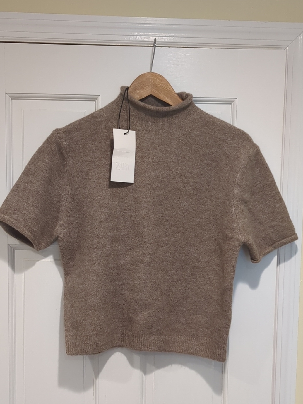 Cropped Short Sleeve Sweater - Taupe Brown. Zara Milan Italy